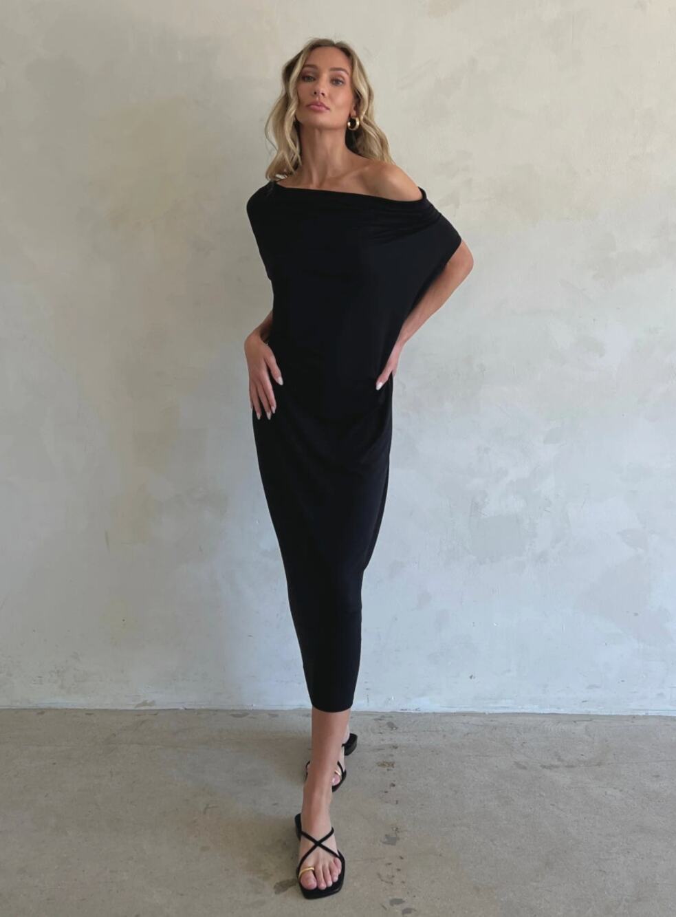 JULES LOS ANGELES | Sara Black Ruched Sheath Midi Dress Multi-way | Small
